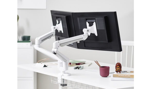 „LC52W“ – Monitorhalter-52 Elevate-Dual mit Gasdruckfeder für 2 Monitore (AN-Tischmontage), Weiß