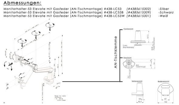„LC53W“ – Monitorhalter-53 Elevate mit Gasdruckfeder für 1 Monitor (AN-Tischmontage), Weiß
