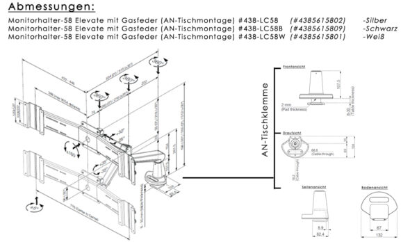 „LC58B“ – Monitorhalter-58 Elevate-Dual mit Gasdruckfeder und DUO-Monitorbrücke für 2 Monitore (AN-Tischmontage), Schwarz