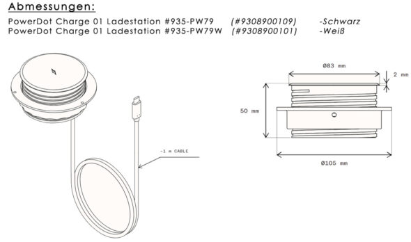„PW79“ – PowerDot Charge-01 Induktions-Ladegerät (In-Tischmontage), Schwarz