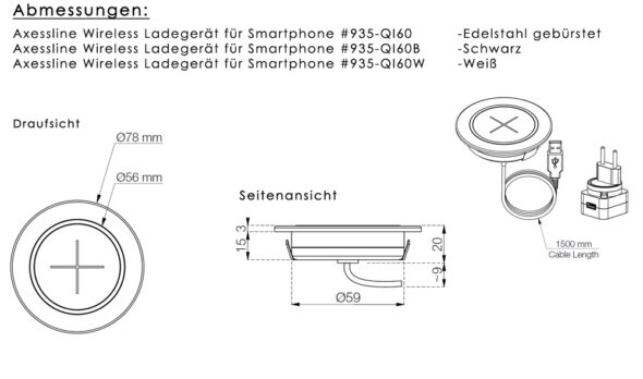 „QI60“ - Axessline Smartphone Wireless Induktions-Ladegerät (In-Tischmontage), Edelstahl-gebürstet