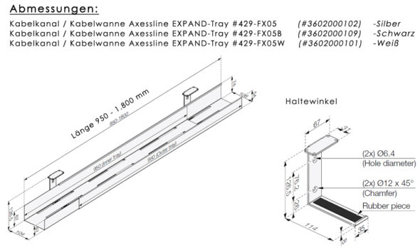 „FX05“ - Kabelkanal / Kabelwanne Axessline EXPAND-Tray (Längenverstellbar 950 - 1.800 mm), Silber