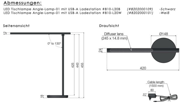 „L20W“ - LED Tischlampe Angle-Lamp-01 NIILA mit USB-A Ladestation, Weiß
