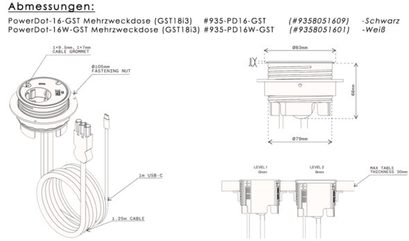 „PD16-GST“ - PowerDot-16-GST Mehrzweckdosen Ø 79 mm (GST18i3) - mit 2 einstellbaren Tiefen, Schwarz